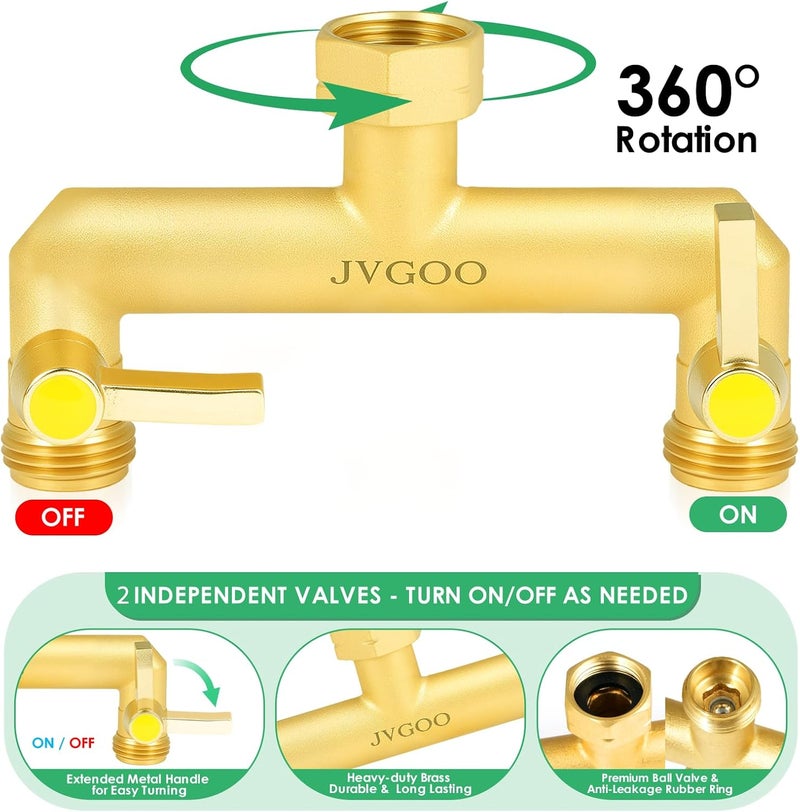 Jvgoo Garden Hose Splitter, Brass 2 Way Hose Splitter, 3/4" Water Hose Splitter 2 Way Heavy Duty with Metal Shutoff Valve and Extension Handle, Outdoor Faucet Splitter Water Spigot Splitter Manifold - Image 3